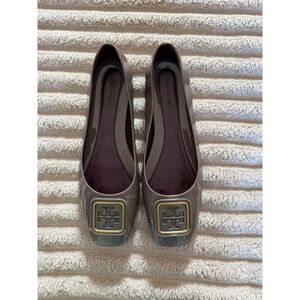 Tory Burch Georgia Square Toe Ballet Flats Taupe Patent Leather Logo 8M
